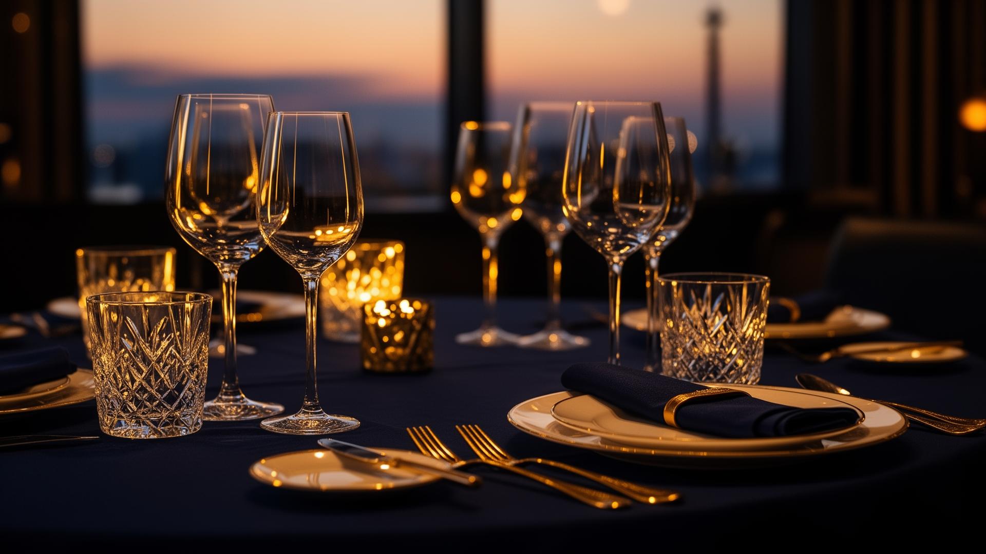 Luxury dining table with elegant Egyptian glassware at sunset