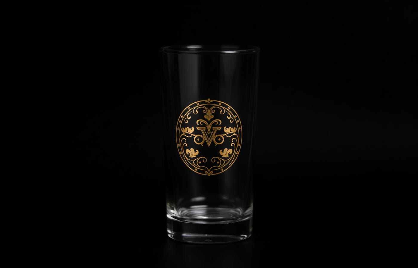 Custom branded glass tumbler with gold ornament